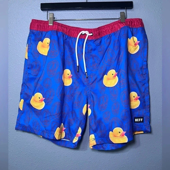NEFF Swim Trunks Men's Size XXL Blue/Yellow Rubber Duck Swimwear Drawstring EUC - Picture 1 of 5